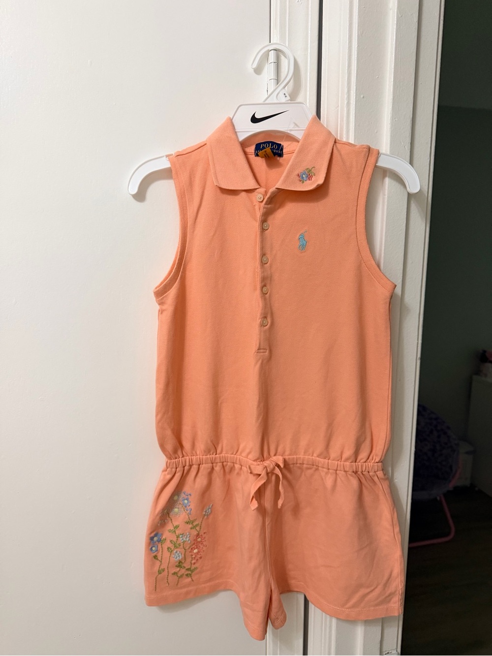 Polo by Ralph Lauren Peach Sleeveless Polo Romper with Embroidered Flowers